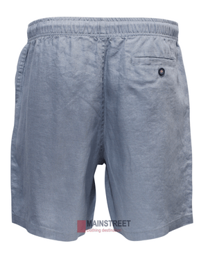 The Back Bay Linen Elastic Waist Short for men, shown in light gray from the back, features a single buttoned back pocket and is made with breathable fabric for all-day comfort.