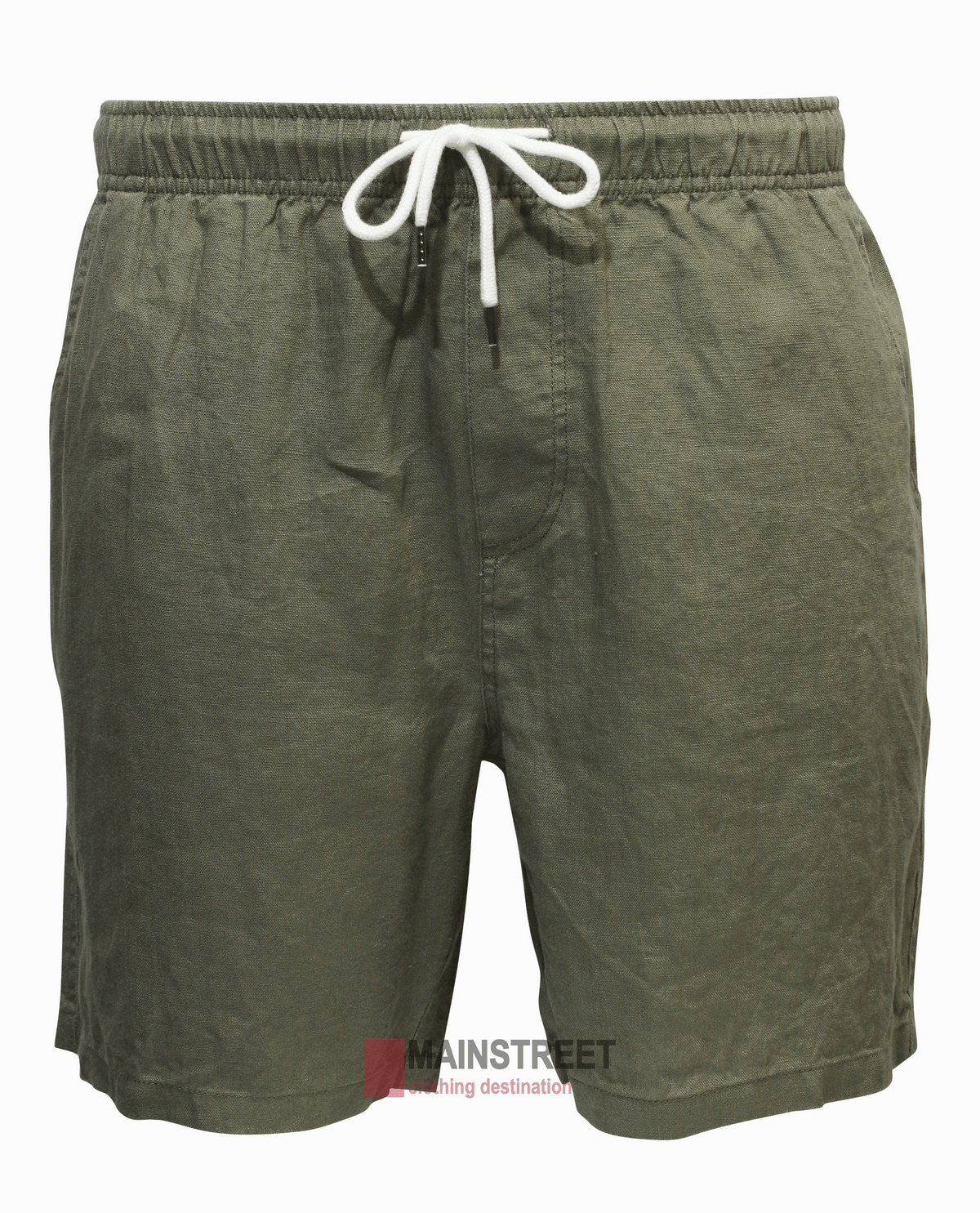 Back Bay Linen Elastic Waist Short for men in olive green, made from breathable fabric with an elastic waistband, white drawstring, side pockets, and a relaxed fit, shown on a plain white background.