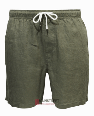 Back Bay Linen Elastic Waist Short for men in olive green, made from breathable fabric with an elastic waistband, white drawstring, side pockets, and a relaxed fit, shown on a plain white background.