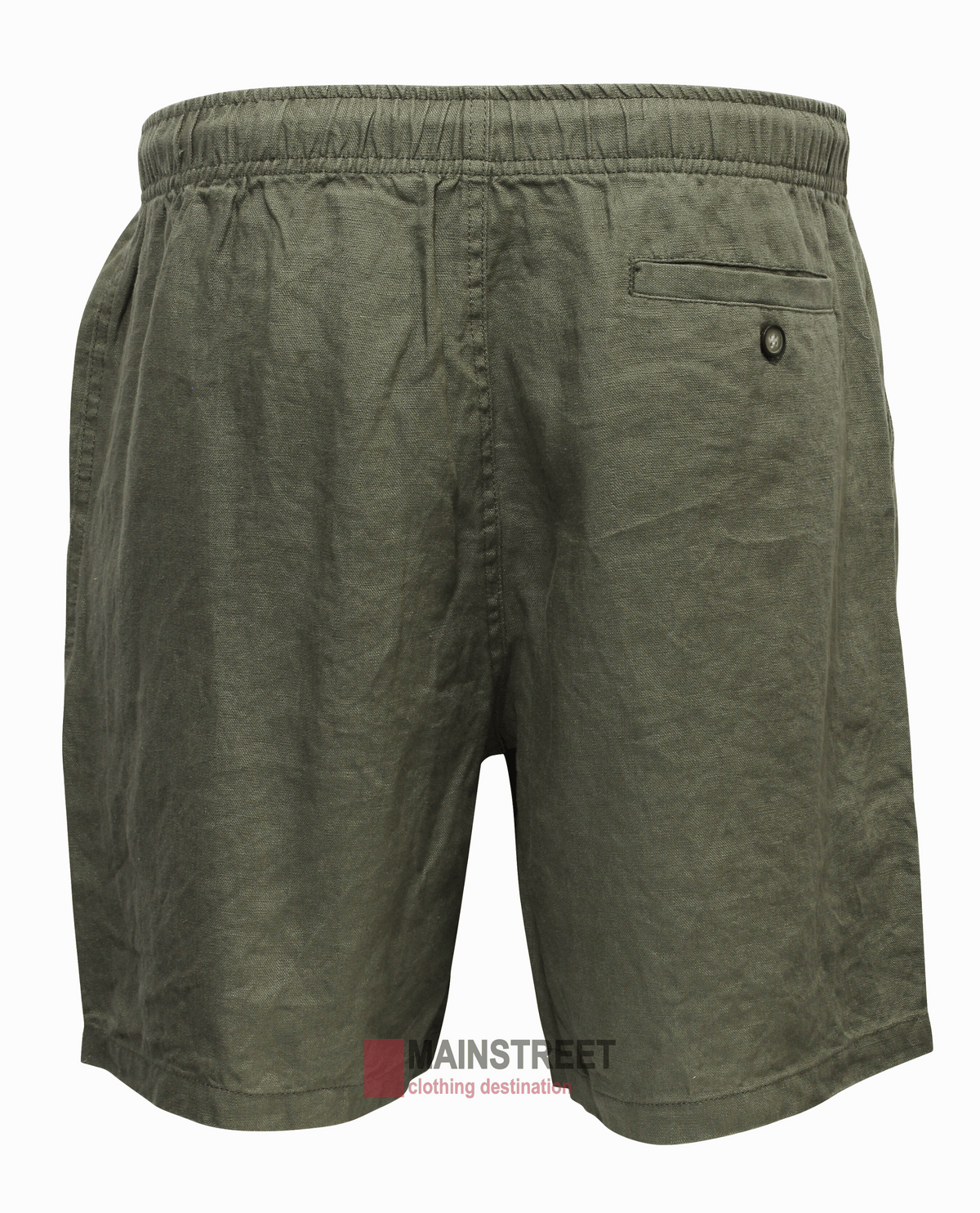 The Back Bay Linen Elastic Waist Short in olive green for men offers an adjustable fit, breathable fabric, side pockets, and a buttoned back pocket, shown against a plain white background.