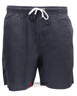 The Back Bay Linen Elastic Waist Short in navy blue is crafted from breathable fabric, featuring an elastic waistband and white drawstring. With a casual fit, these men's shorts are perfect for everyday wear.