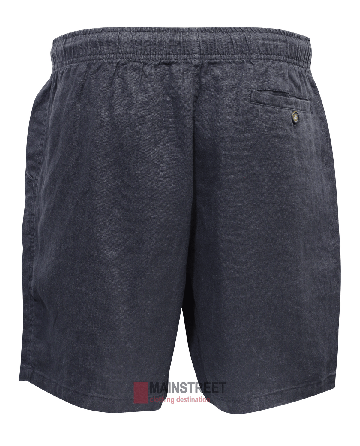 The Back Bay Linen Elastic Waist Short for men features a dark grey color, an elastic waistband, a back buttoned pocket, and the "Mainstreet" logo at the hem. Its breathable fabric guarantees comfort on warm days.