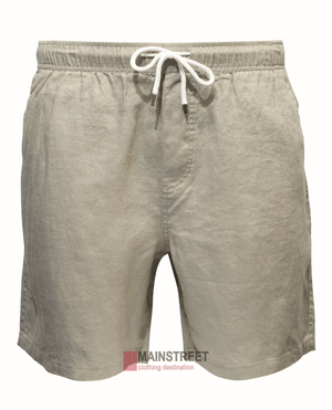 The Back Bay Linen Elastic Waist Short is a pair of beige, lightweight, breathable linen shorts with an elastic waistband and drawstring. They feature a simple, casual design and have a small logo at the hem.