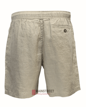 Back Bay Linen Elastic Waist Short, made from breathable fabric, offers an adjustable fit, single buttoned back pocket, and a subtle "MAINSTREET" logo near the hem. Shown on a plain white background.