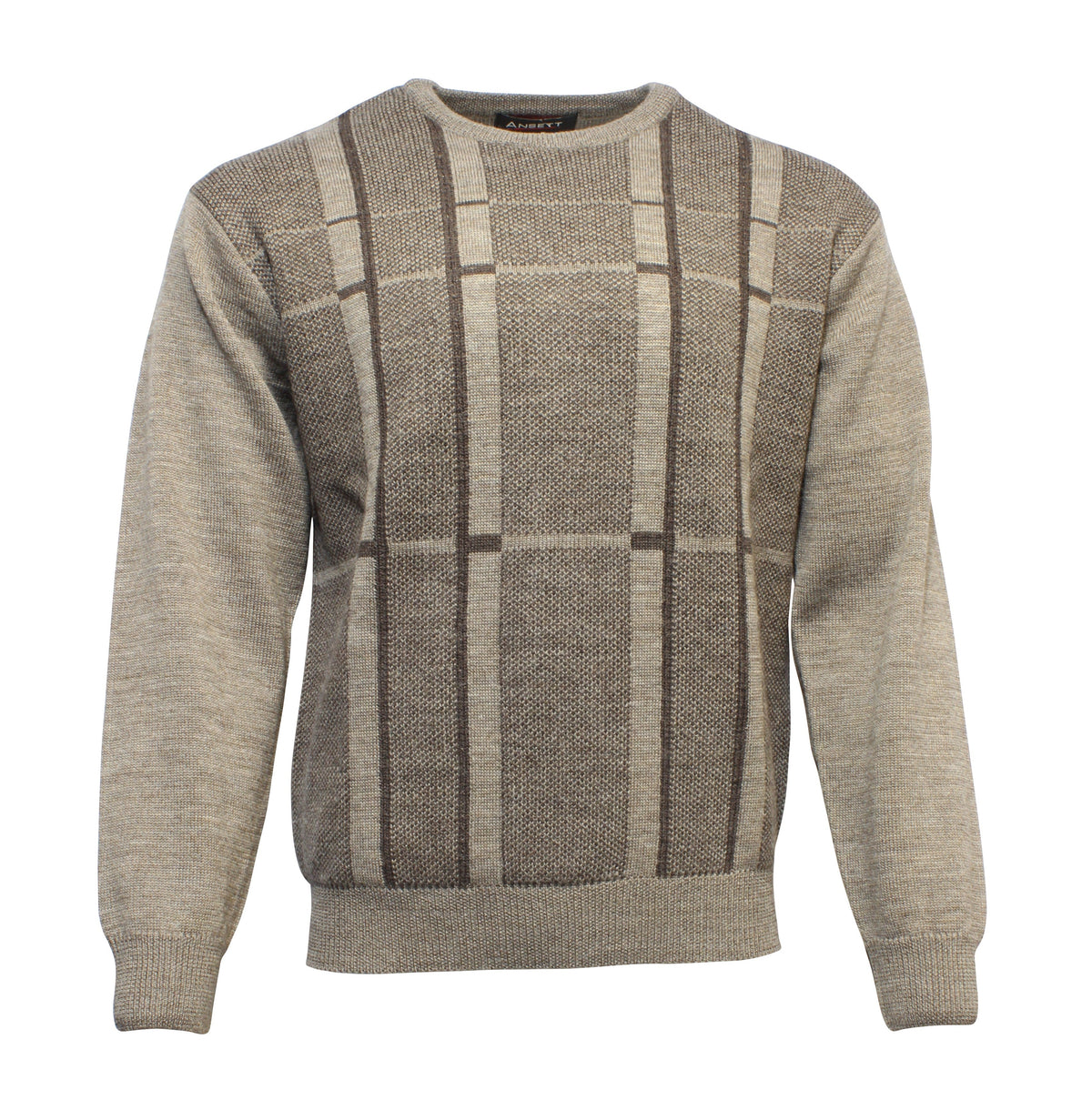 The Ansett Pure New Wool Crew Neck Knit is a light brown sweater with long sleeves, featuring a geometric pattern of dark brown lines and textured blocks on the front—a true wardrobe staple.