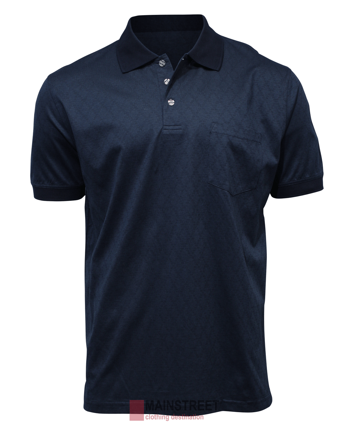 The Back Bay Mercerised Cotton Jacquard Polo features short sleeves, a collared neckline, and a button-up placket. It includes a subtle textured pattern and has a pocket on the left chest.