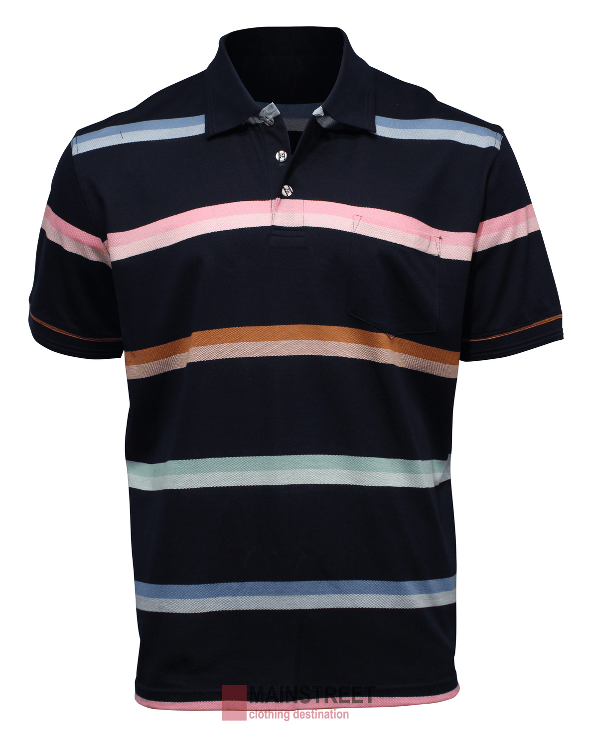 The classic Back Bay Mercerised Cotton Striped Polo in navy blue features horizontal stripes in pink, blue, white, brown, and green. Crafted from premium mercerized cotton, it includes a front pocket and button-down collar for timeless style.