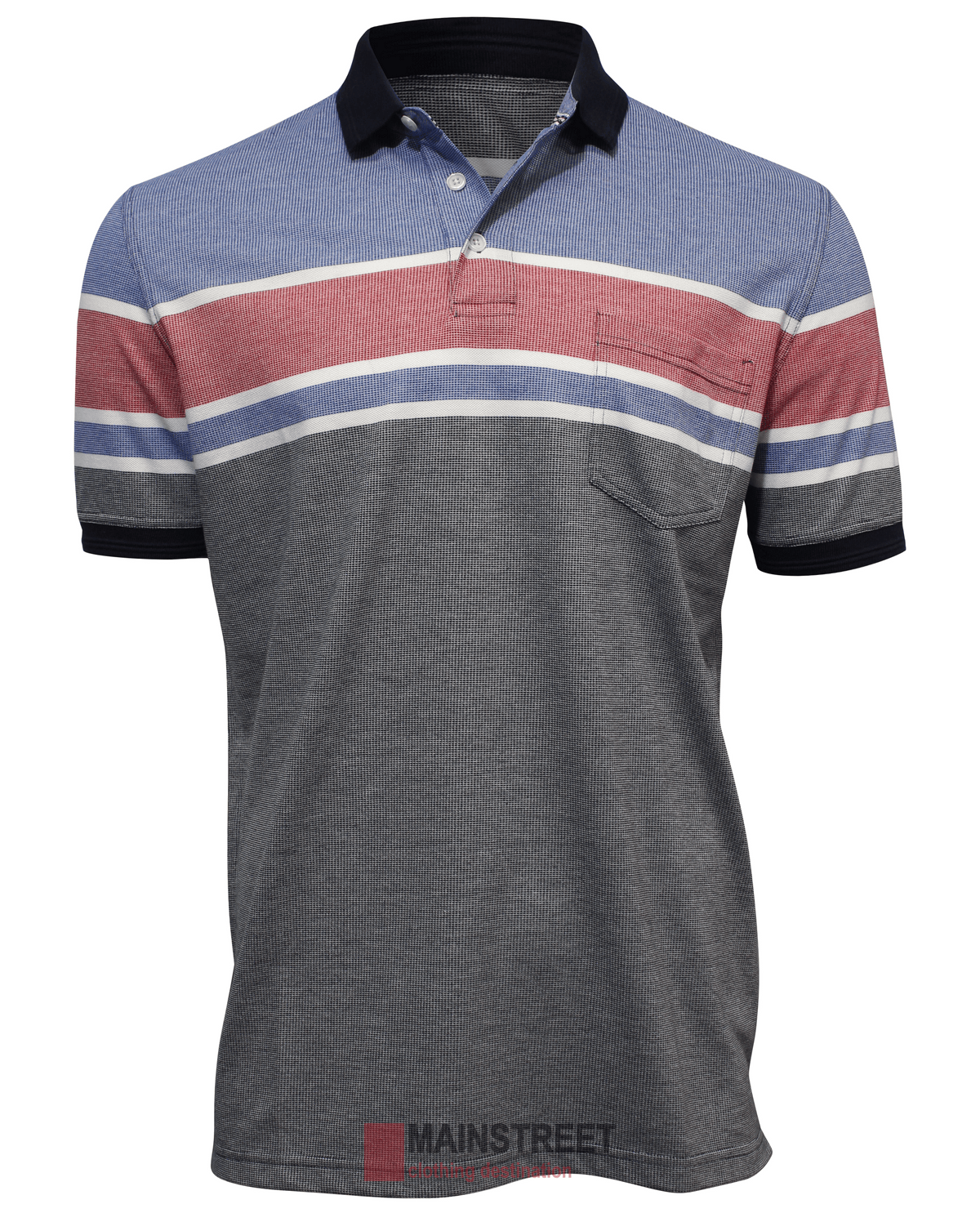 The Back Bay Cotton Blend Polo combines style and comfort with a cotton blend, showcasing a blue and red striped pattern, single front pocket, black collar and sleeve cuffs, and a classic buttoned placket.