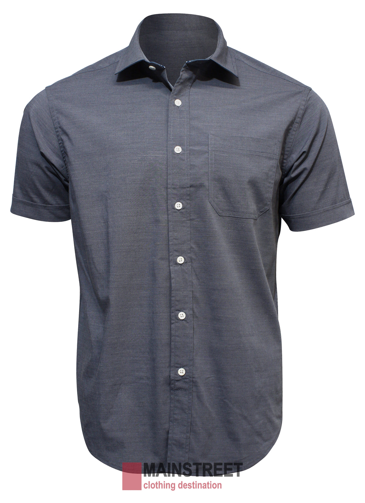 The Back Bay Bamboo Soft Touch Short Sleeve Shirt, a dark grey button-up with a front pocket, is shown on a white background. The bottom features the "Mainstreet Clothing Destination" logo in red and black, promising ultimate comfort.