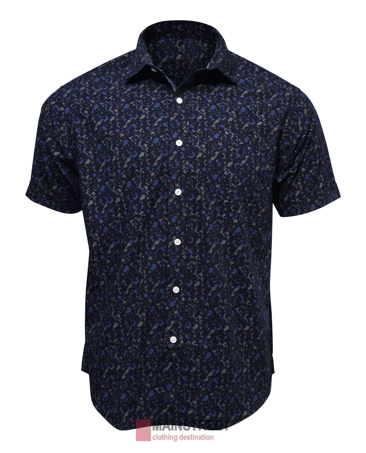The Back Bay Bamboo Soft Touch Print Short Sleeve Shirt features a dark blue and black abstract pattern, white buttons, and a classic collar, shown on a plain white background for an ultra-soft feel.