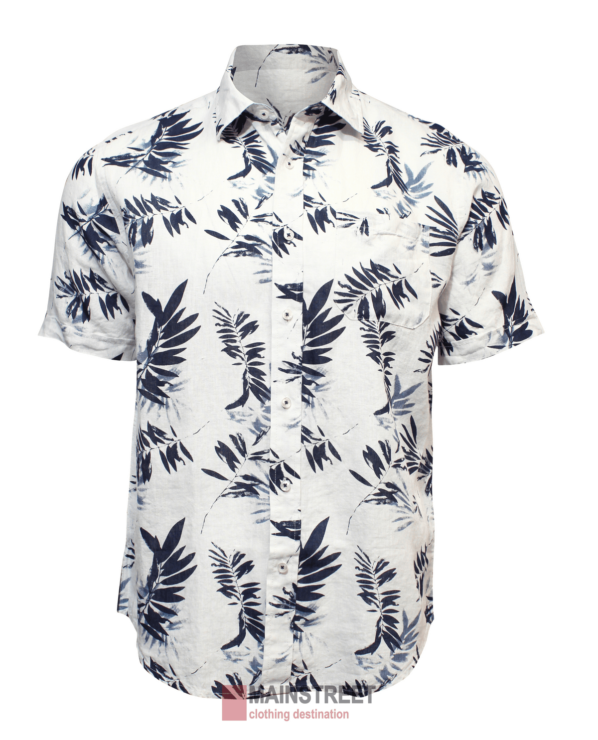 The Back Bay Linen Fern Print Short Sleeve Shirt features a white base with a dark blue fern design and short sleeves, shown on a plain white background.