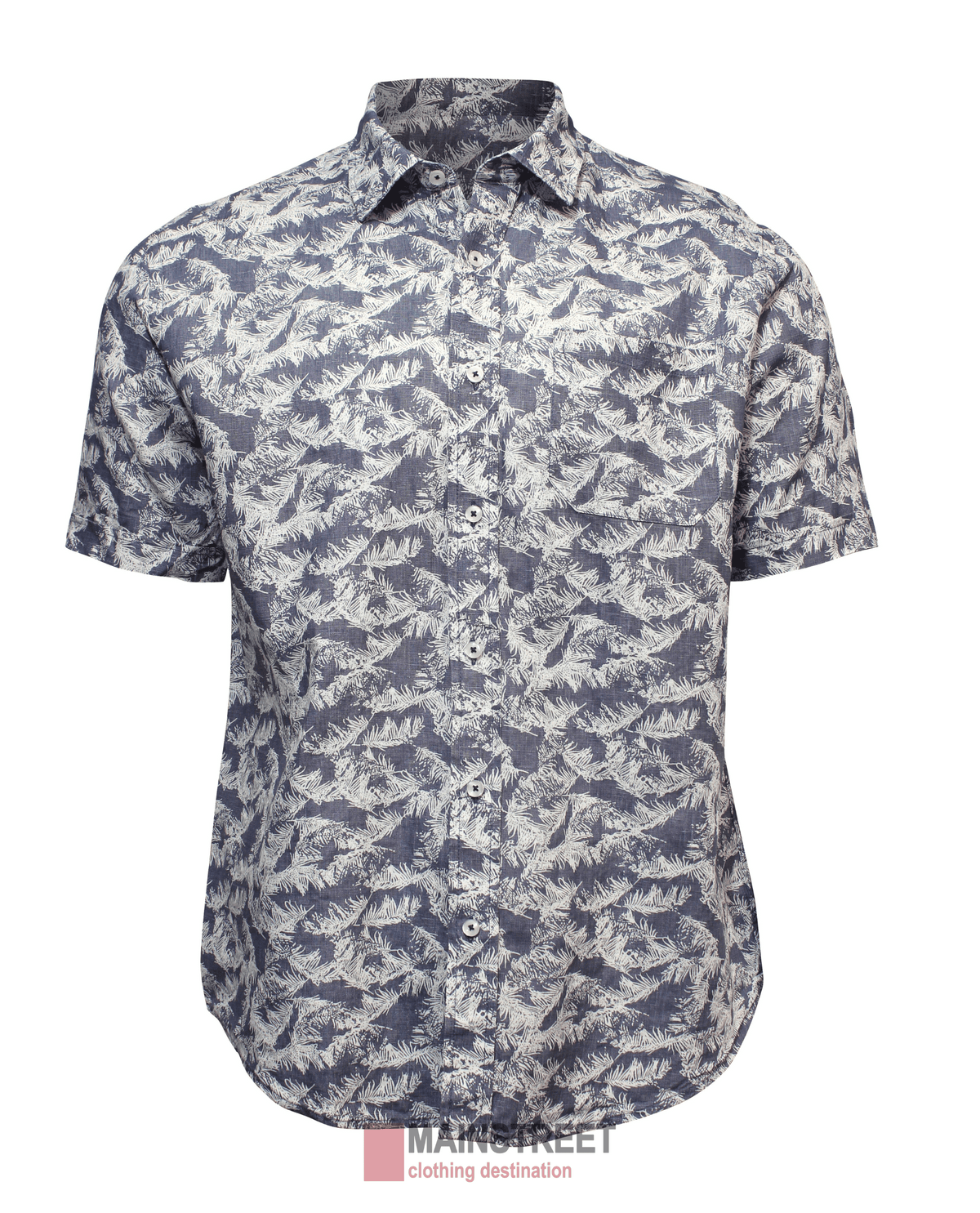 The Back Bay Linen Print Short Sleeve Shirt features a blue and white leafy pattern on a white background. It has a standard collar and offers a relaxed fit, making it perfect for casual wear. The subtle shadow under the shirt enhances its overall look.