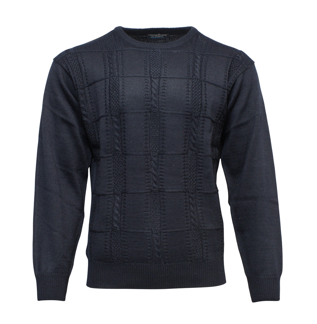 The Ansett Tradewinds Wool Blend Crew Knit is a dark navy sweater with a textured square pattern and ribbed cuffs, hem, and neckline. Its classic style and medium weight make it ideal for cooler weather.