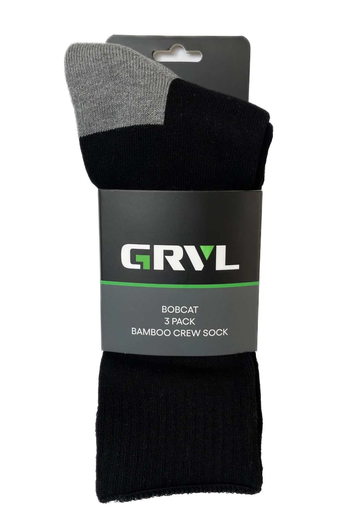 The GRVL Bobcat Bamboo Heavy Duty Crew 3 Pack Socks includes mostly black, moisture-wicking crew socks with cushioned footbeds. One pair has gray toes and heels. The packaging is black with white and green text.