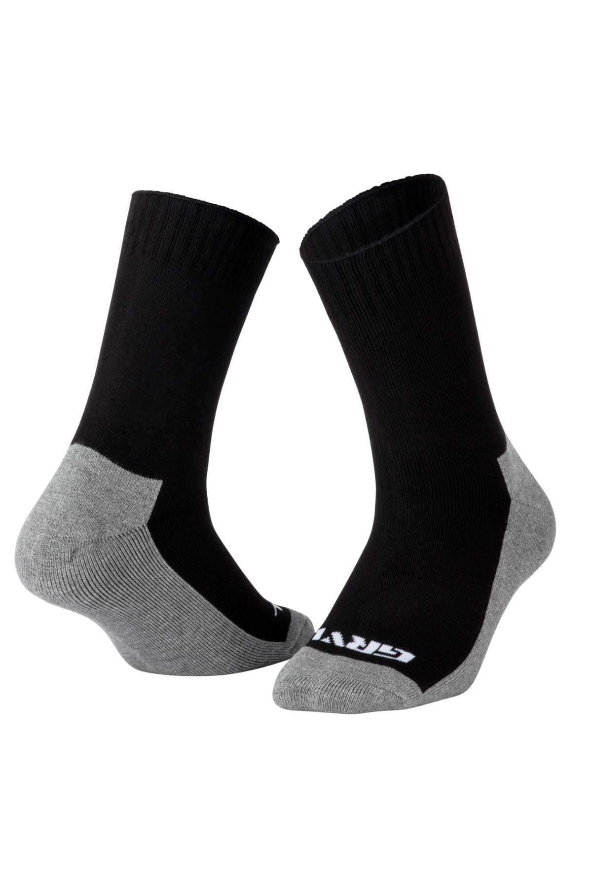 The GRVL Bobcat Bamboo Heavy Duty Crew 3 Pack Socks feature black uppers, gray heels, toes, and soles, a cushioned footbed for comfort, and display "GRIP" in white text on the toe area.
