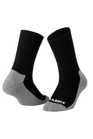 The GRVL Bobcat Bamboo Heavy Duty Crew 3 Pack Socks feature black uppers, gray heels, toes, and soles, a cushioned footbed for comfort, and display "GRIP" in white text on the toe area.