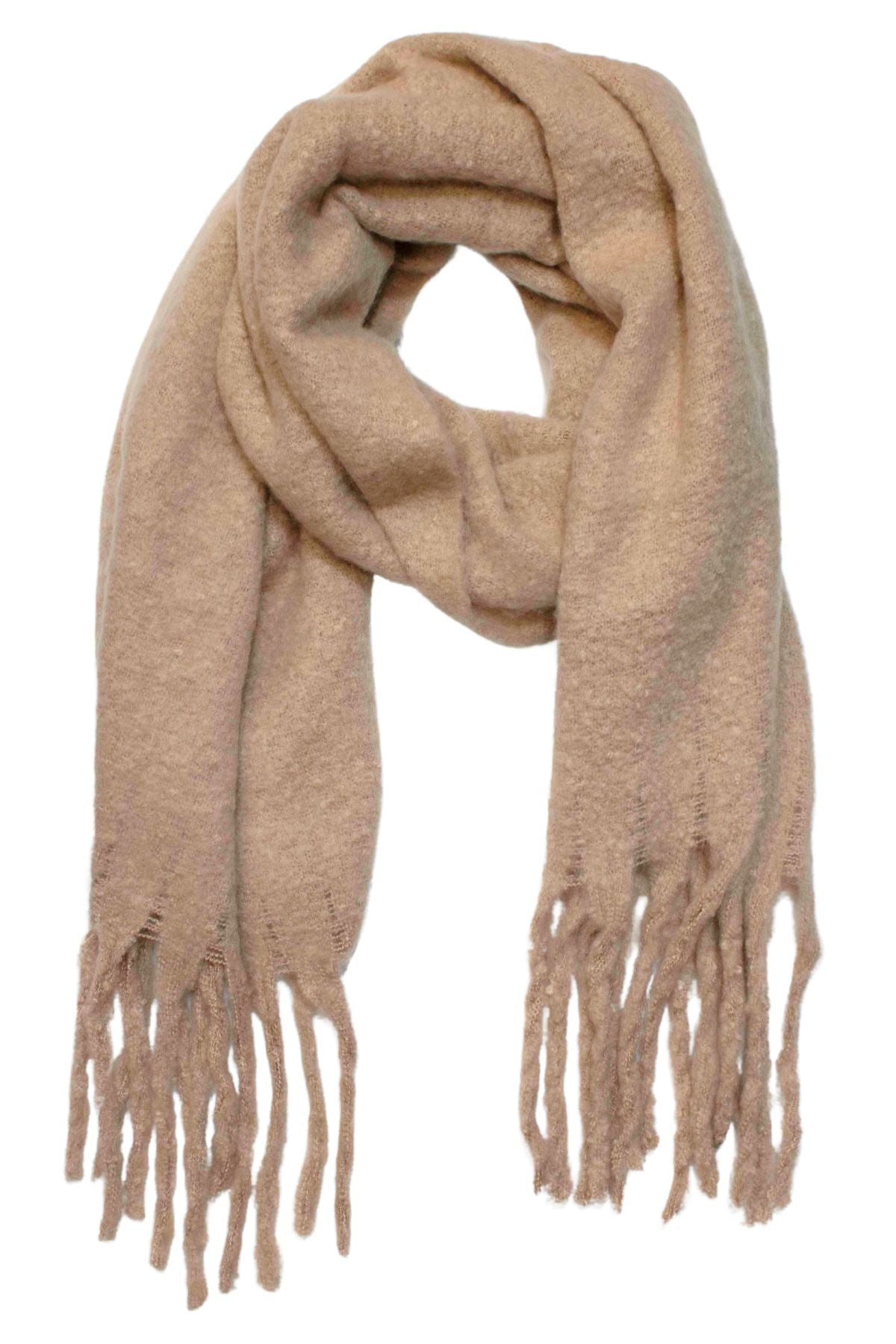 The GUM Klaus Plush Scarf is a light brown wool accessory with a soft texture, loosely folded and finished with fringe tassels on each end—perfect for warmth and comfort during winter.