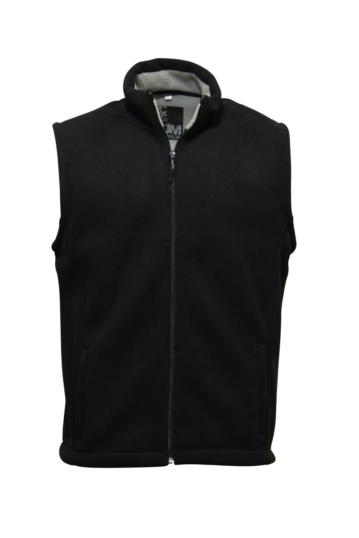 The GUM Ridge Sherpa Fleece Vest in black features a stand-up collar, full front zipper, and two front pockets—ideal for your winter wardrobe. Made from soft polyester for comfort and shown against a plain white background.
