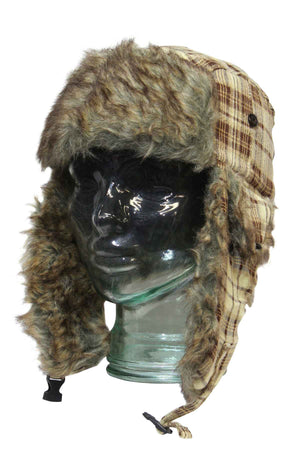The GUM Artic Trooper features a plaid design, faux fur lining, and ear flaps for ultimate warmth, elegantly displayed on a clear glass head model. The beige and brown color combination adds rustic charm.