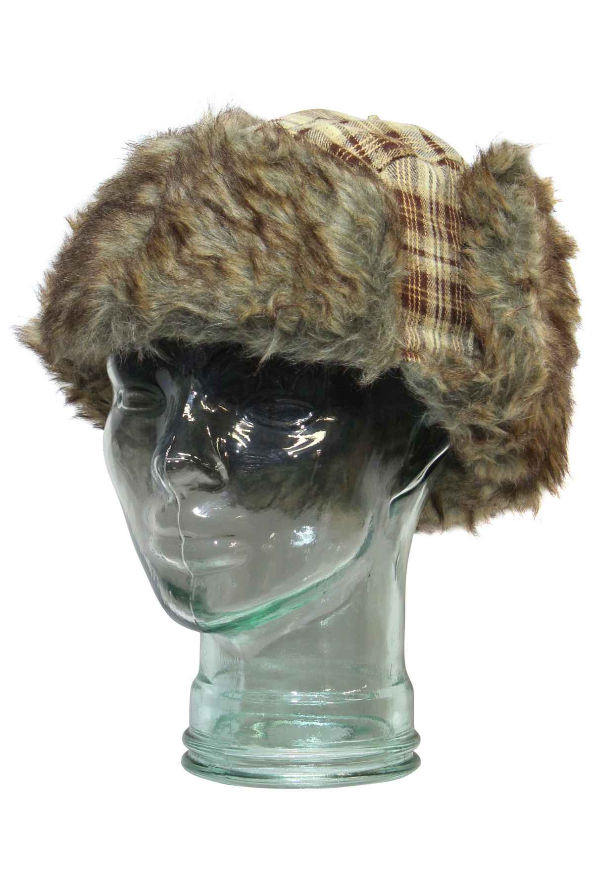 The GUM Arctic Trooper, a fur-lined plaid trapper hat, is stylishly displayed on a glass head model at an angle. This chic cap offers ultimate warmth with ear flaps and a checkered design, blending rustic style and cozy functionality.