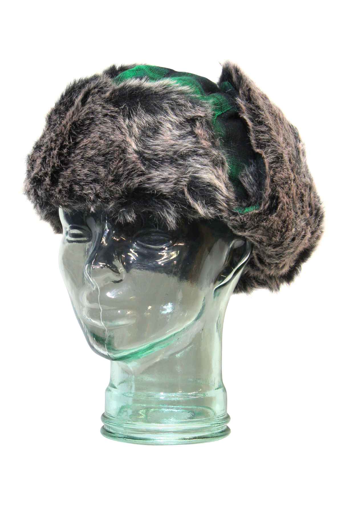 A glass head mannequin displays a fur hat in dark and light brown tones, evoking the GUM Artic Trooper style, against a crisp white background.