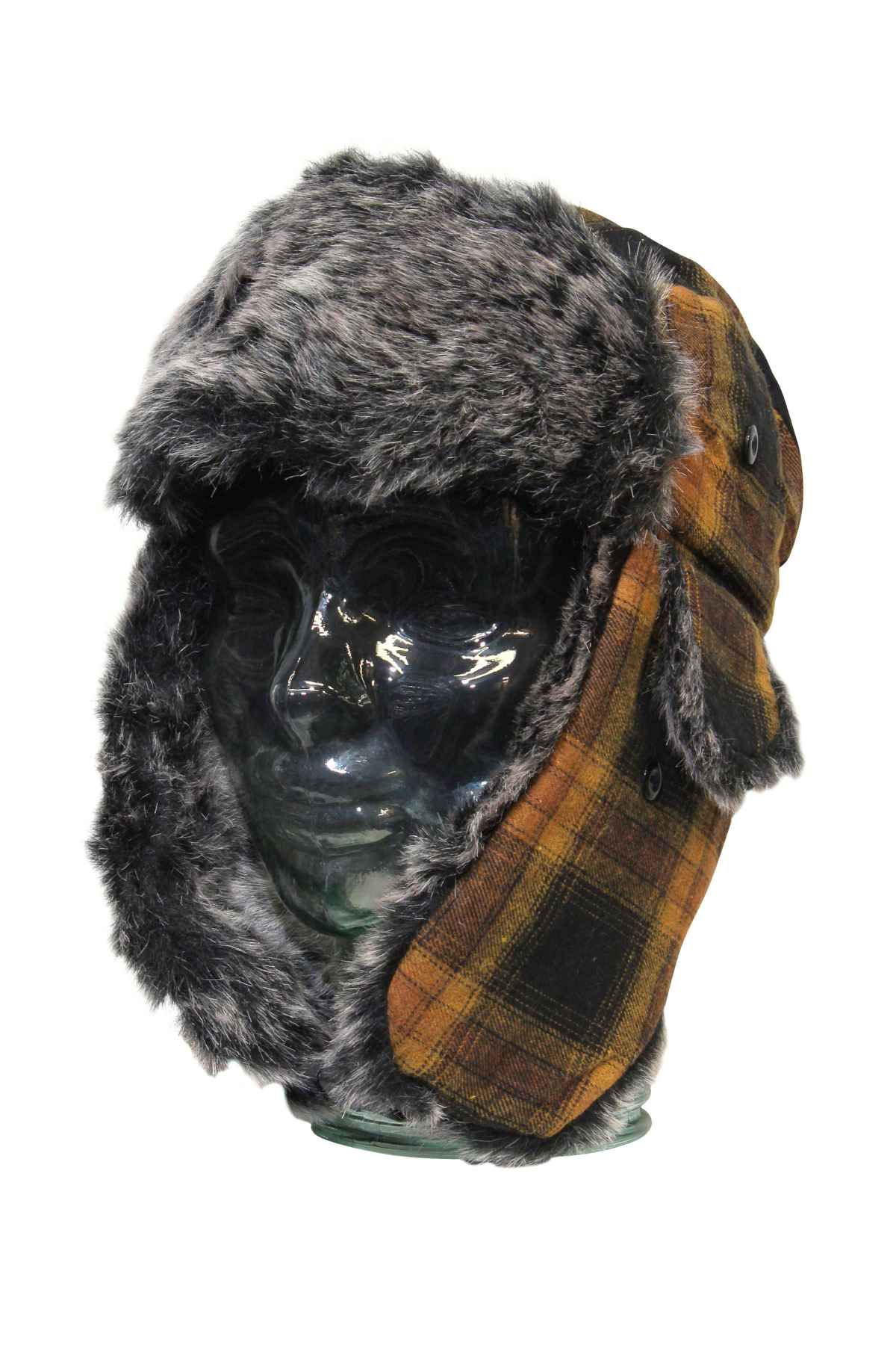 The GUM Artic Trooper is a trapper hat with faux fur lining, ear flaps, and a black, gray, and orange plaid pattern, shown displayed on a glass mannequin head.