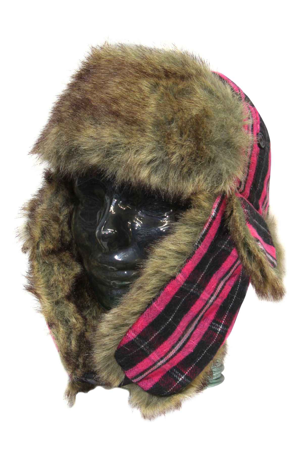 The GUM Arctic Trooper trapper hat features a pink and black plaid pattern with a fur-lined interior, ear flaps, and furry brim. Perfect for winter warmth, it is displayed on a mannequin head in the classic flying cap style.