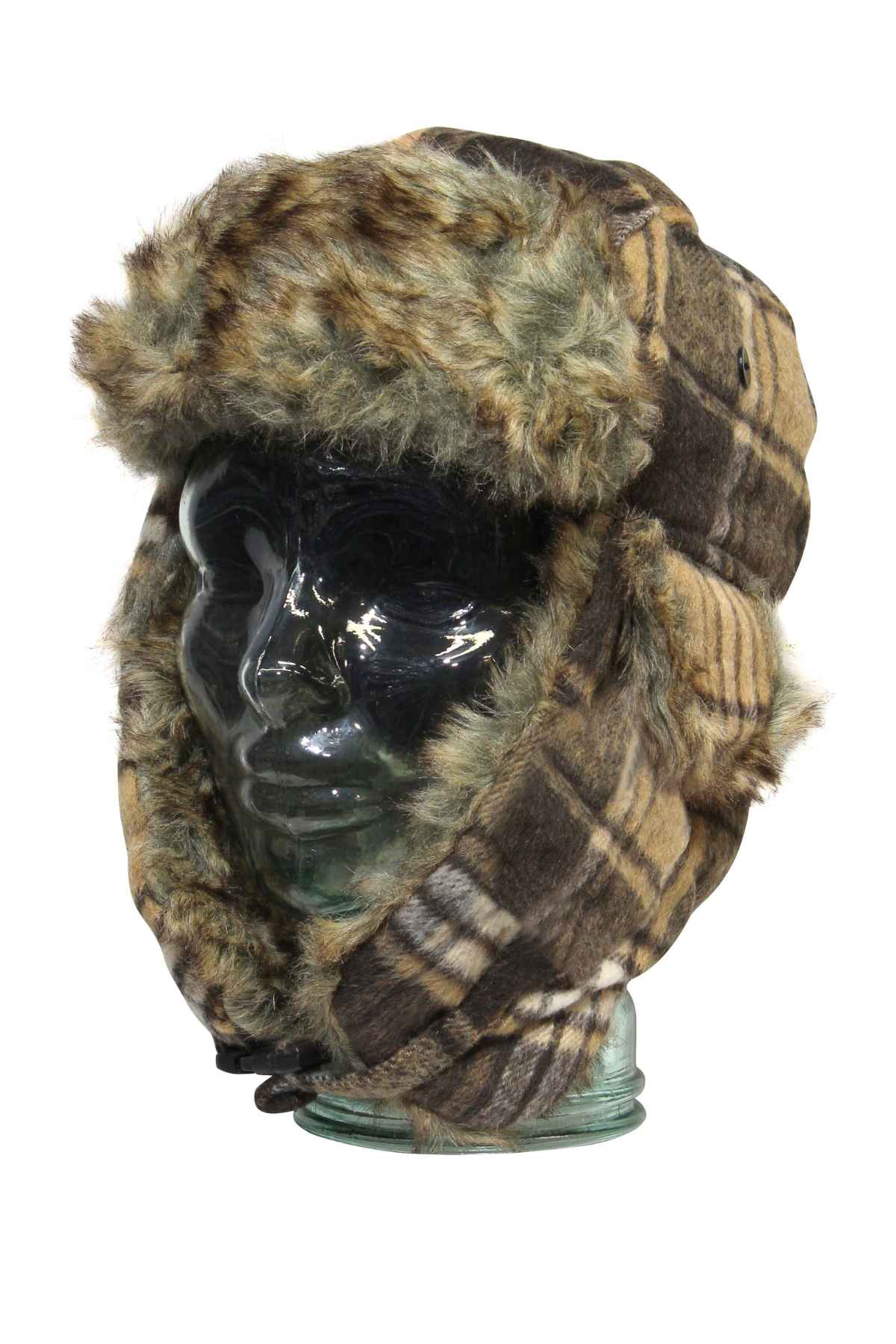 The GUM Arctic Trooper hat, displayed on a transparent glass mannequin head, combines winter warmth with style. Its plaid design in shades of brown, beige, and black features faux fur lining and ear flaps, making it ideal for chilly adventures.