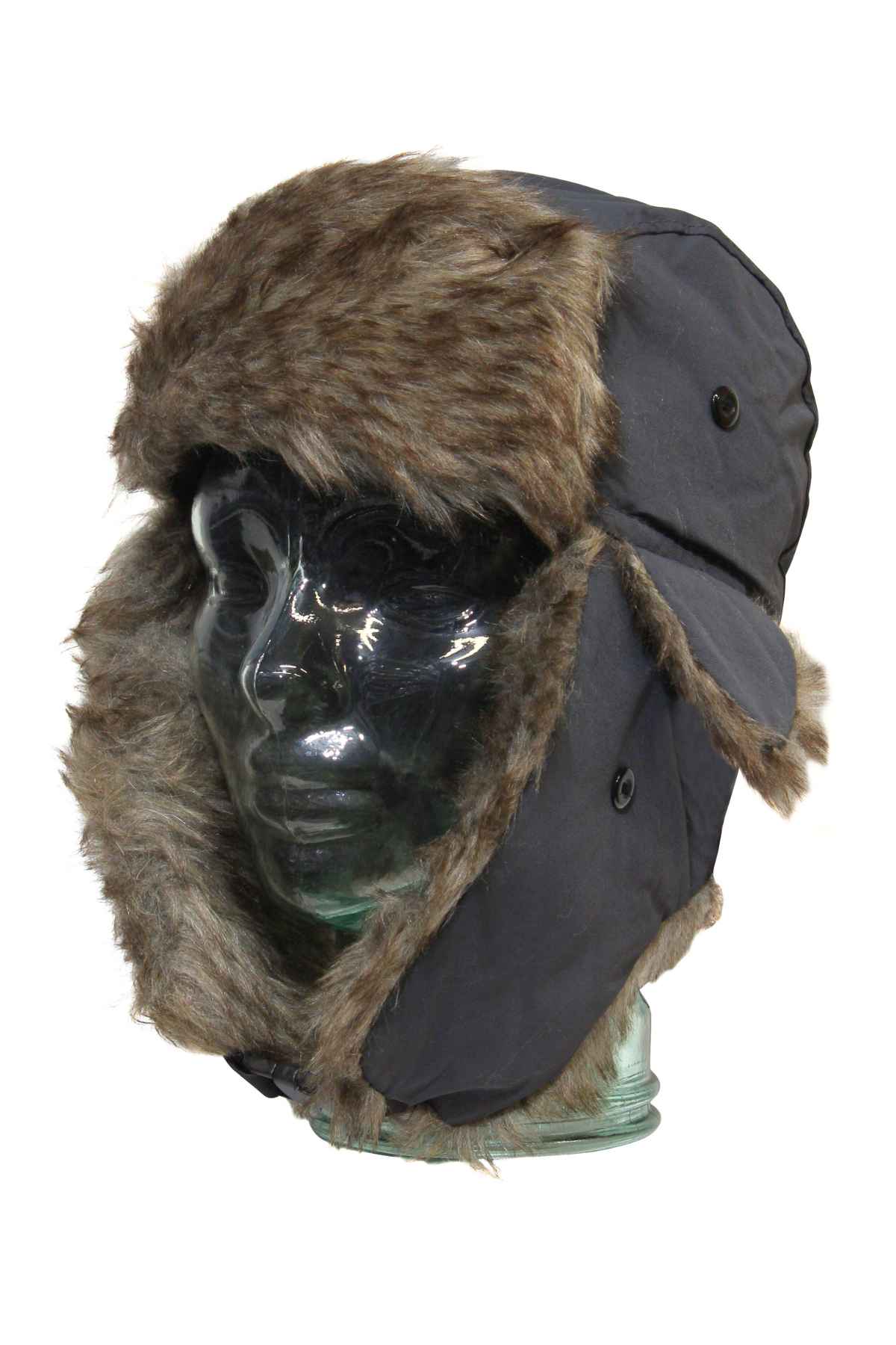 A glass mannequin head displays the GUM Eskimo Trooper winter trapper hat with brown faux fur lining, ear flaps, and a dark polyester outer fabric.