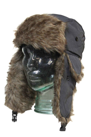 A glass mannequin head showcases the GUM Eskimo Trooper—an aviator-style cap with dark polyester outer and brown faux fur lining, covering the brim and ear flaps for warmth and contrast.