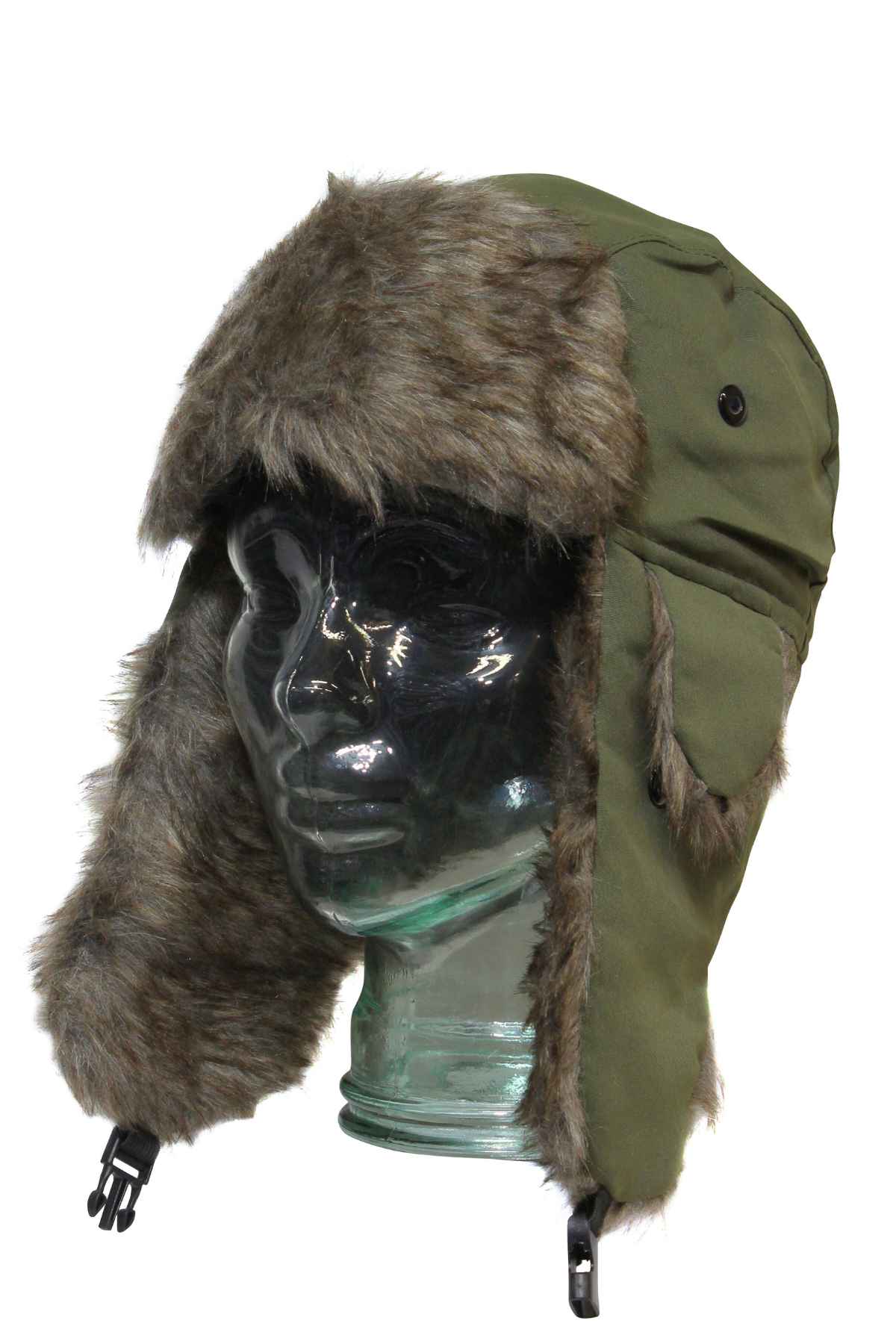 A glass mannequin head displays the GUM Eskimo Trooper, an olive green trapper hat with fluffy lining on the brim, ear flaps, and forehead, plus adjustable black strap closures on the ear flaps.