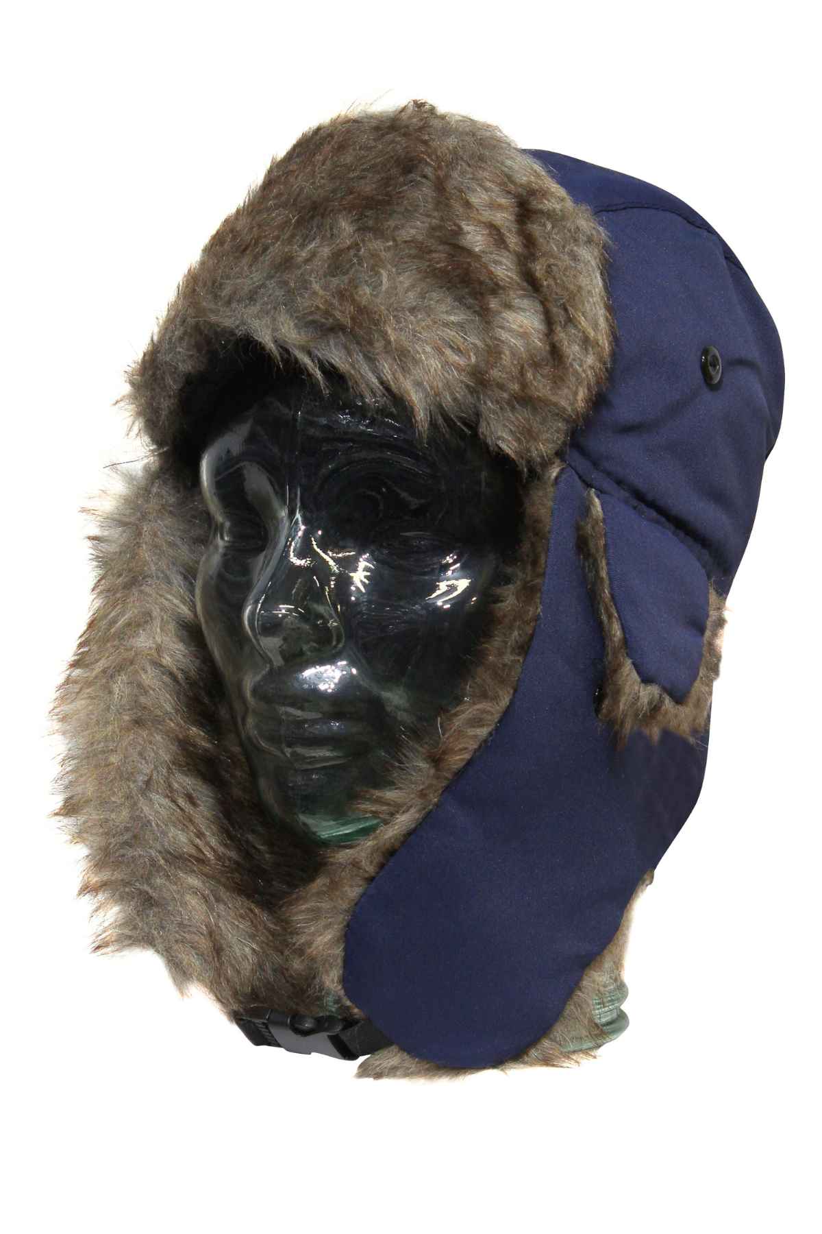 A glass mannequin head models the GUM Eskimo Trooper, a blue trapper hat featuring brown faux fur and ear flaps. The fluffy lining borders the edge, while the flaps hang down for a winter-ready look.