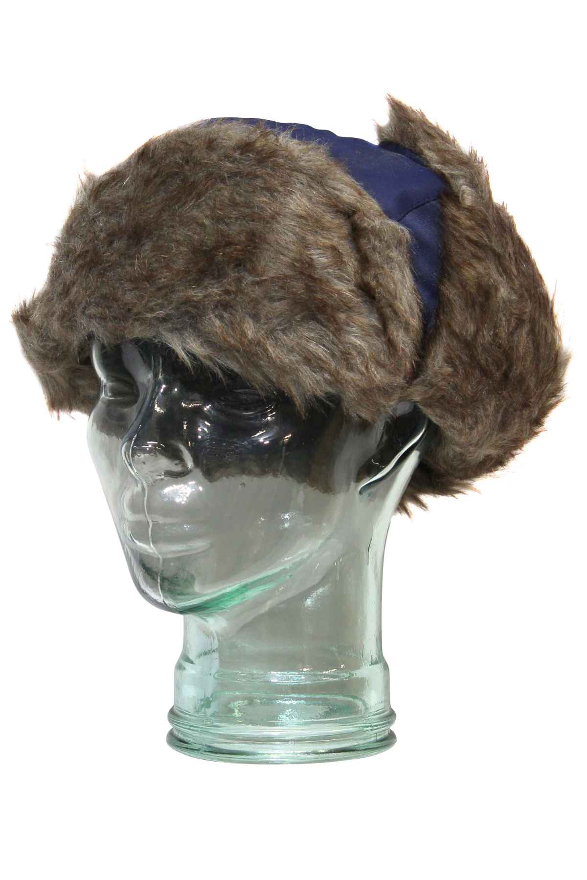 A glass mannequin head wears a GUM Eskimo Trooper hat in blue, featuring brown faux fur trim and fluffy lining.