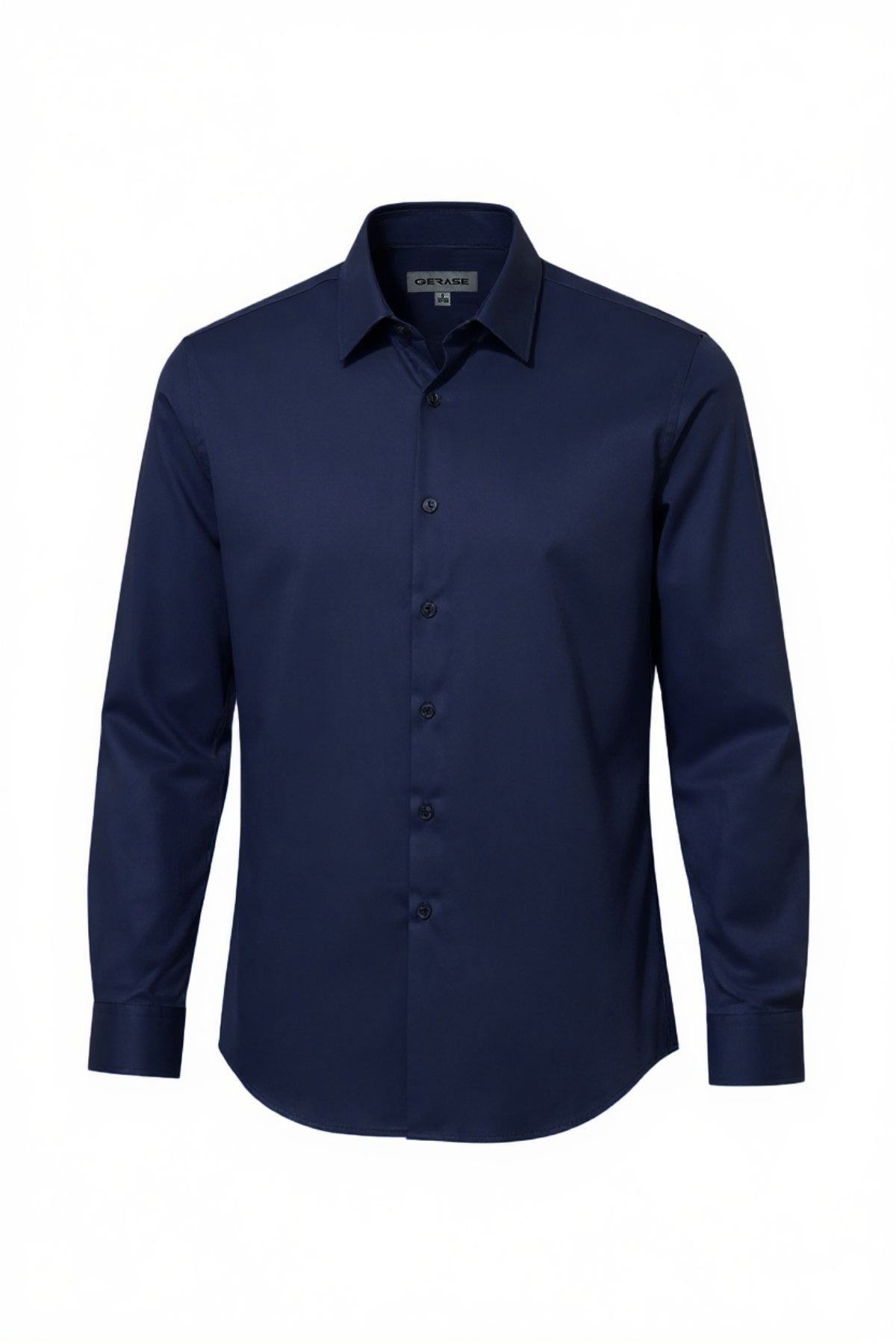 The Gerase Bamboo Dress Shirt is a long-sleeved, dark blue button-up with a classic collar and moisture-wicking fabric, shown against a plain white background.
