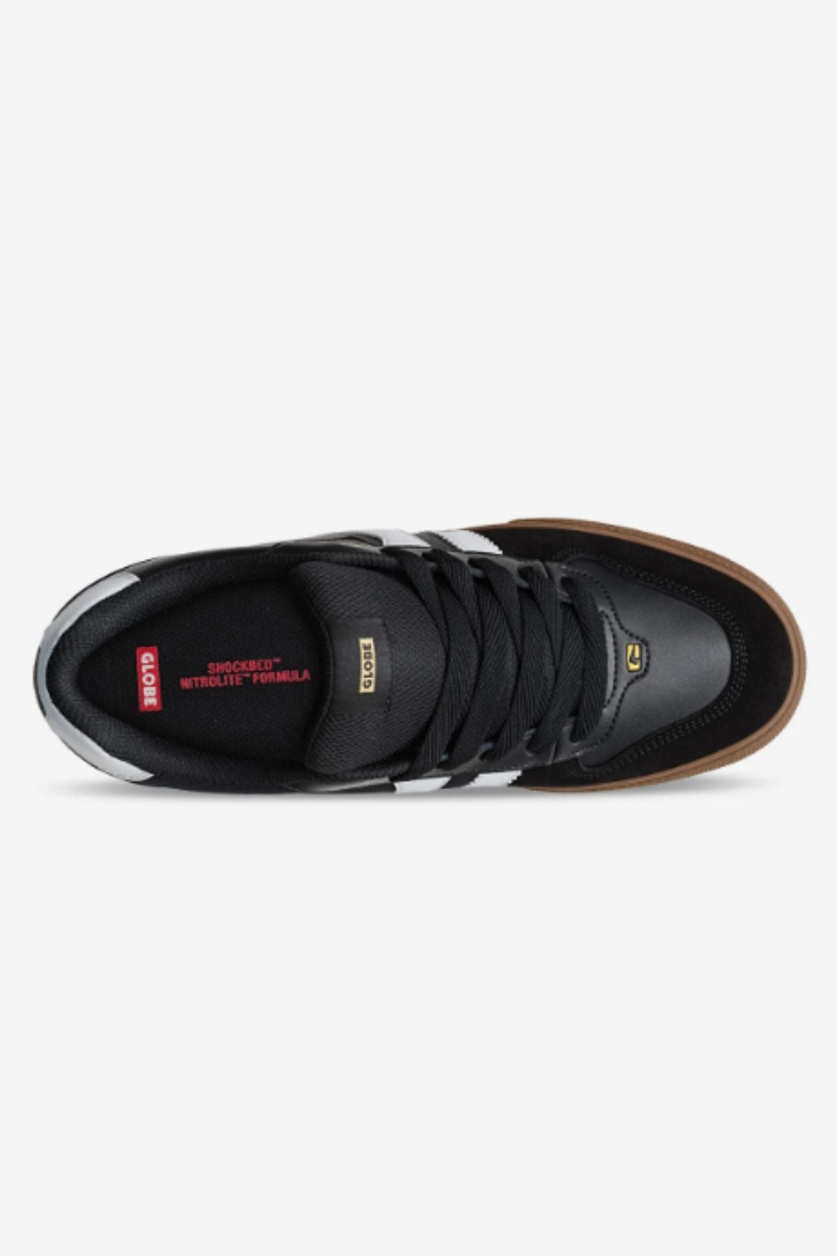 Top view of the Globe Encore-2: black sneaker with white side stripes, brown herringbone outsole, and black laces. Red insole features “SHOCKBED™ INSOLE FORMULA” and “GLOBE” in white. Durable skate shoe designed for comfort.