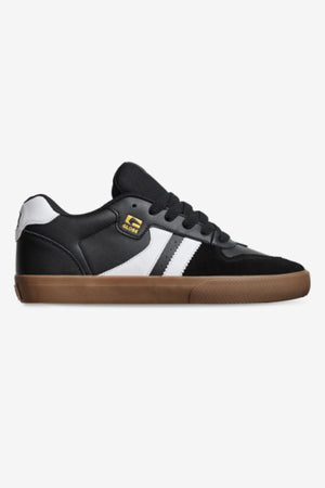 The Globe Encore-2 is a black and white low-top skate shoe featuring a durable herringbone outsole, cushioned insole, brown rubber sole, white side stripe, perforated accents, and a small gold “Globe” logo by the laces.