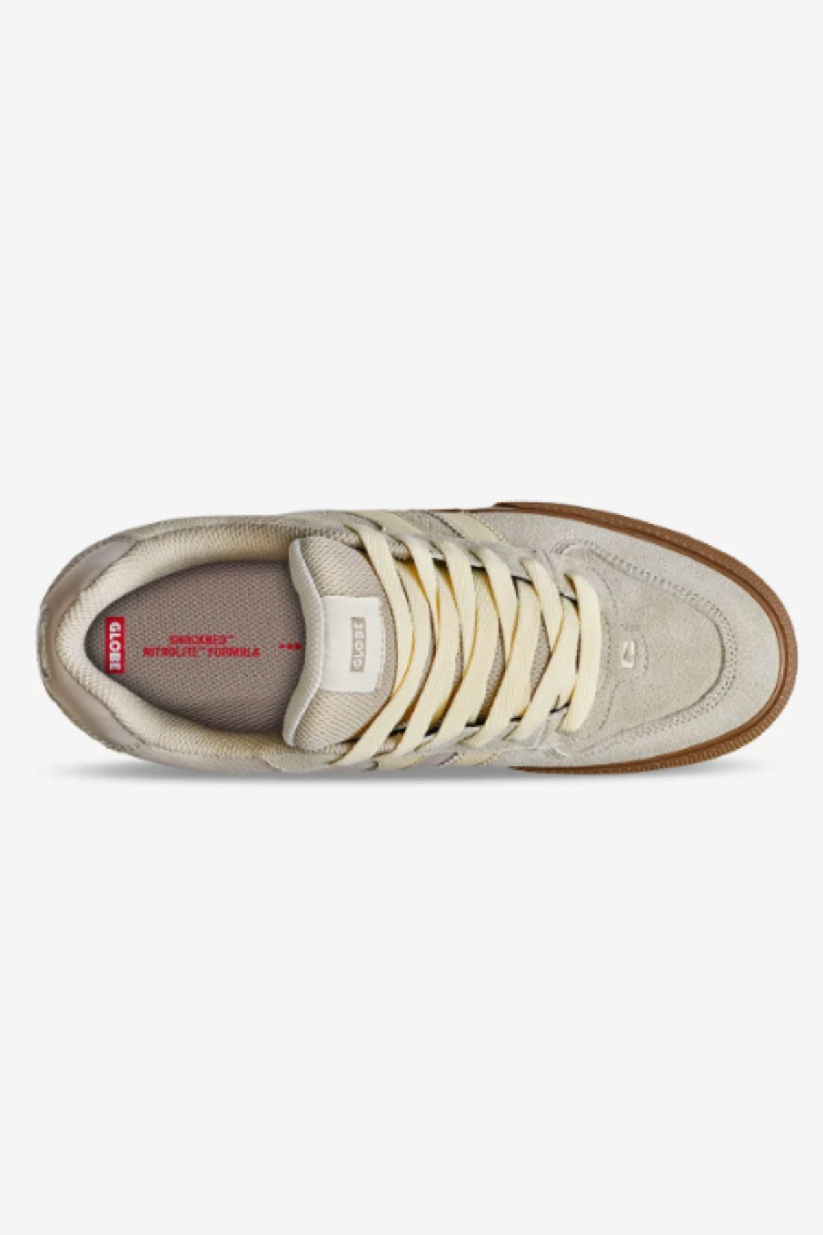 Top view of the Globe Encore-2 sneaker in beige suede with cream laces, brown outsole, cushioned insole, and a red Nike logo on the insole.