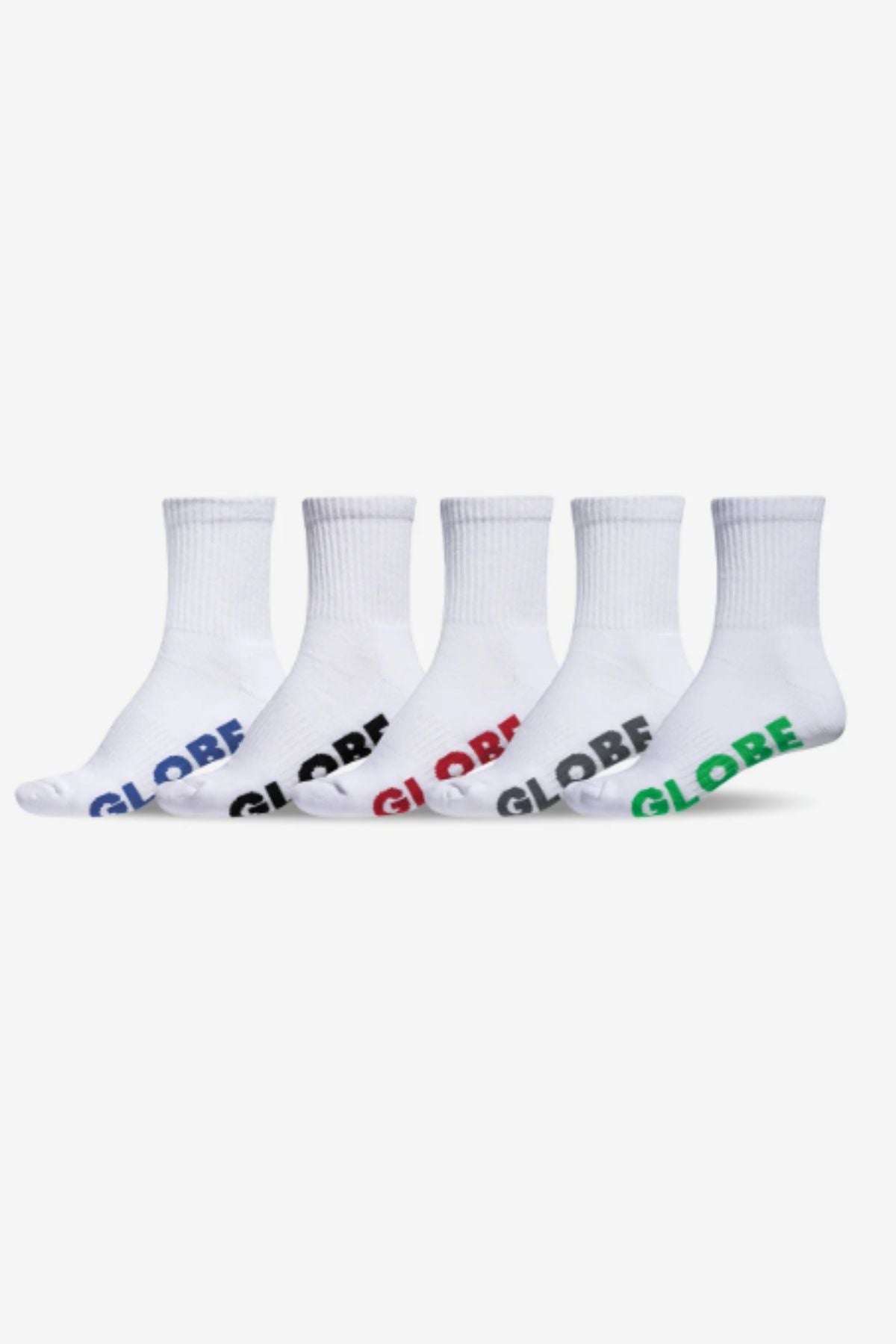 Five pairs from the Globe Stealth Crew Sock 5 Pack are lined up on a plain white background, each featuring "GLOBE" in blue, black, red, grey, and green. These casual socks have a ribbed ankle design.