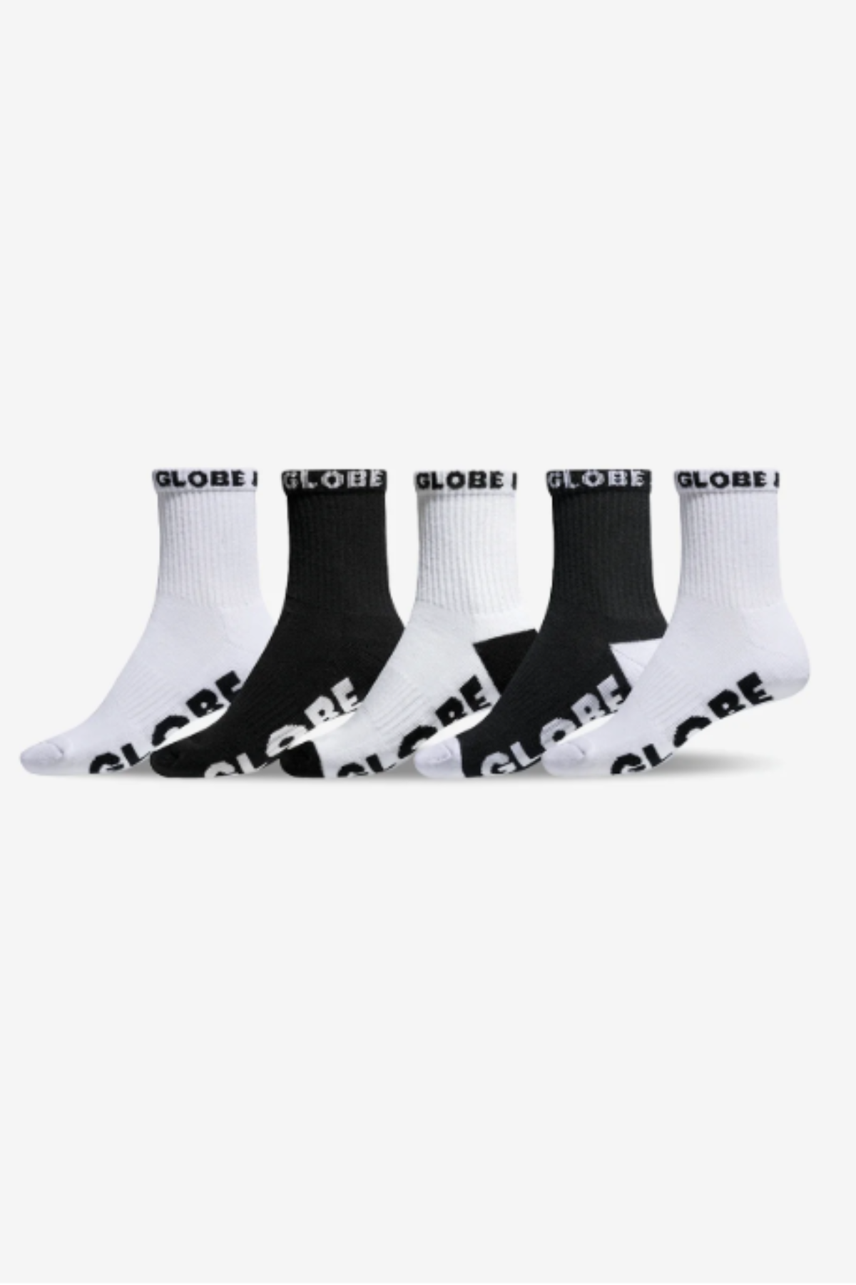 The Globe Quarter Sock 5 Pack features five durable crew-length socks in alternating black and white, each with "GLOBE" on the cuffs and soles, displayed in a row against a plain white background.