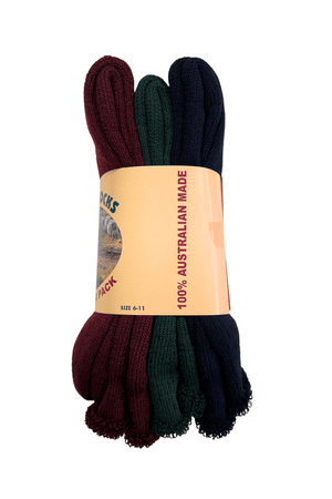 A three-pack of Good Fellows woollen socks wrapped in brown packaging labeled "100% Australian Made." Crafted from durable Australian wool, the socks come in burgundy, green, and navy blue. The size indicated on the packaging is 6-11.