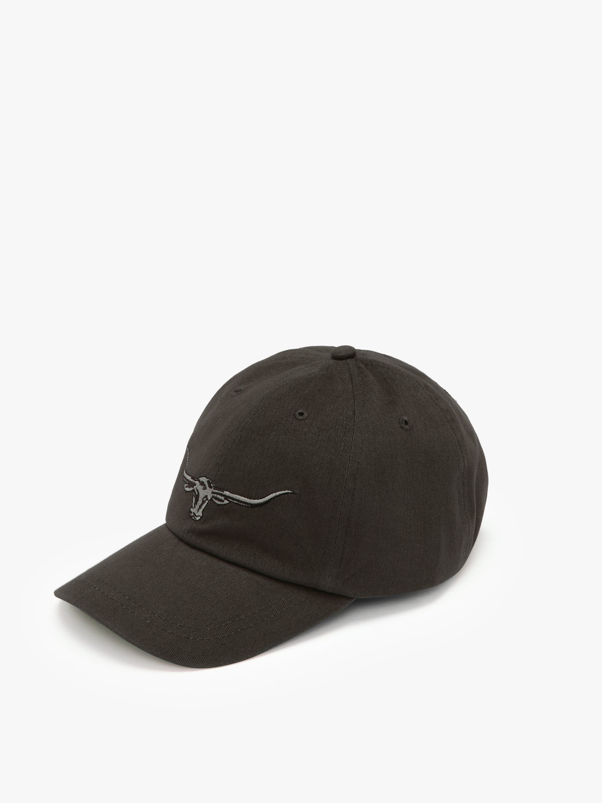 The RM Williams Longhorn Cap is a black cotton twill baseball cap with an embroidered longhorn logo on the front, shown against a plain white background.