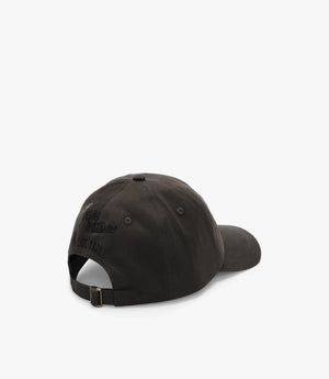 The RM Williams Longhorn Cap is a black cotton twill baseball cap displayed from the back, featuring an adjustable strap with a metal buckle and subtle embroidered text above the opening against a plain white background.