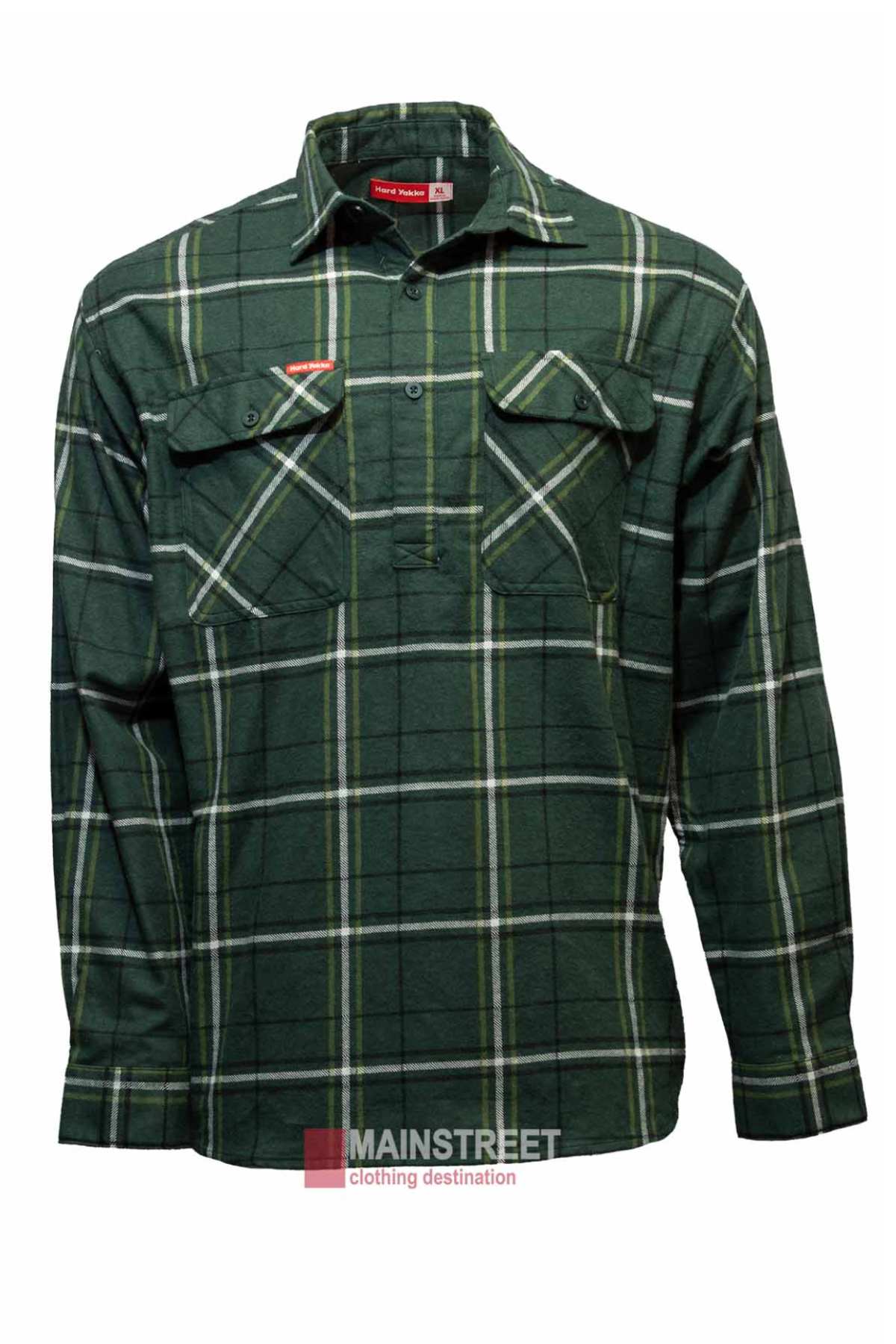 The Hard Yakka Closed Front Check Flannelette Shirt, shown on a white background, features a green plaid with white and yellow stripes, button-down chest pockets, and is made from 100% cotton for comfort.