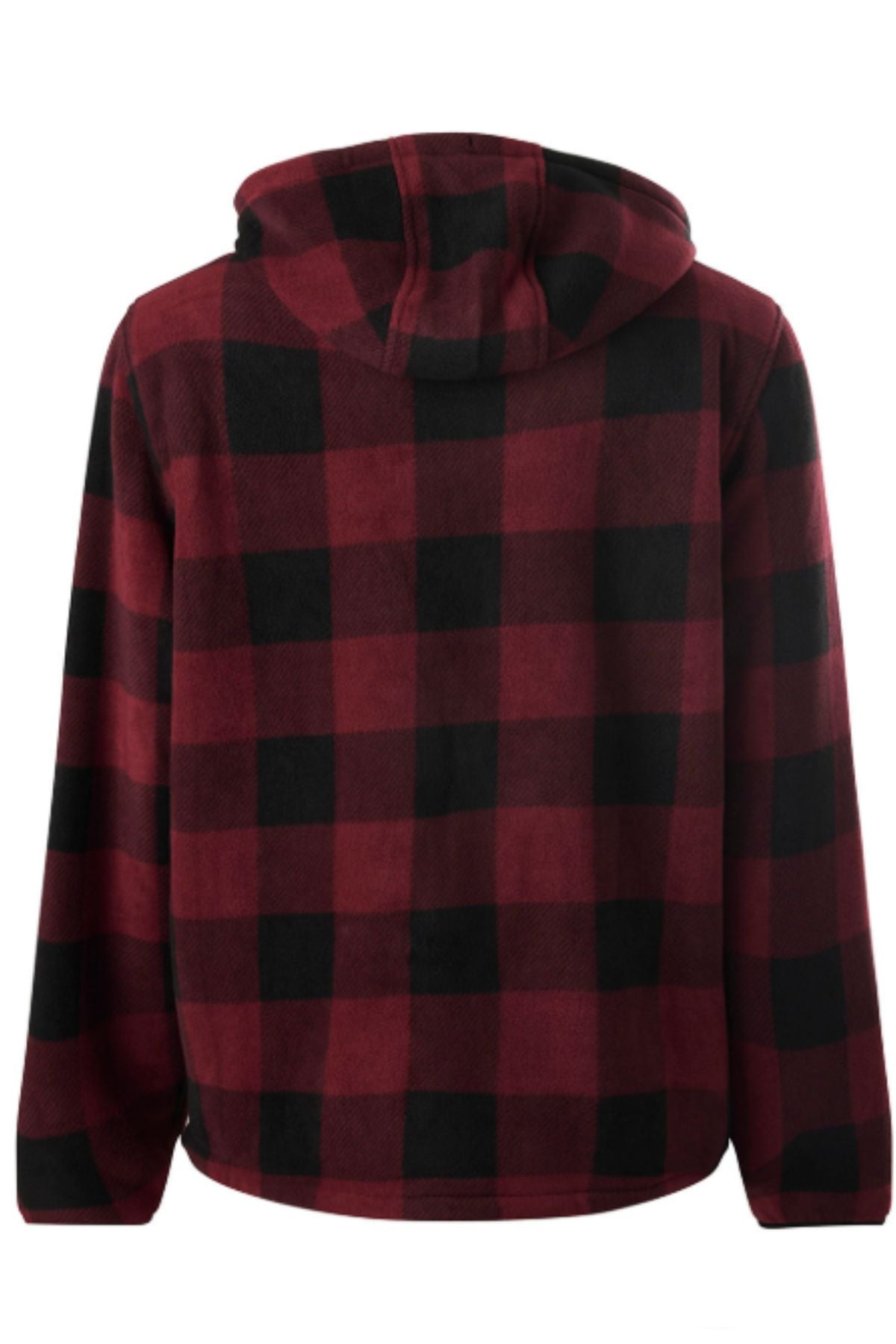 The Yakka Camper Jacket features a red and black buffalo check pattern with a sherpa lining, cozy hood, and long sleeves. Shown from the back, this relaxed fit jacket offers extra warmth and comfort.