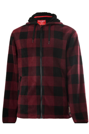 The Yakka Camper Jacket is a red and black checkered zip-up fleece with a black drawstring hood and side pockets, shown on a plain white background.