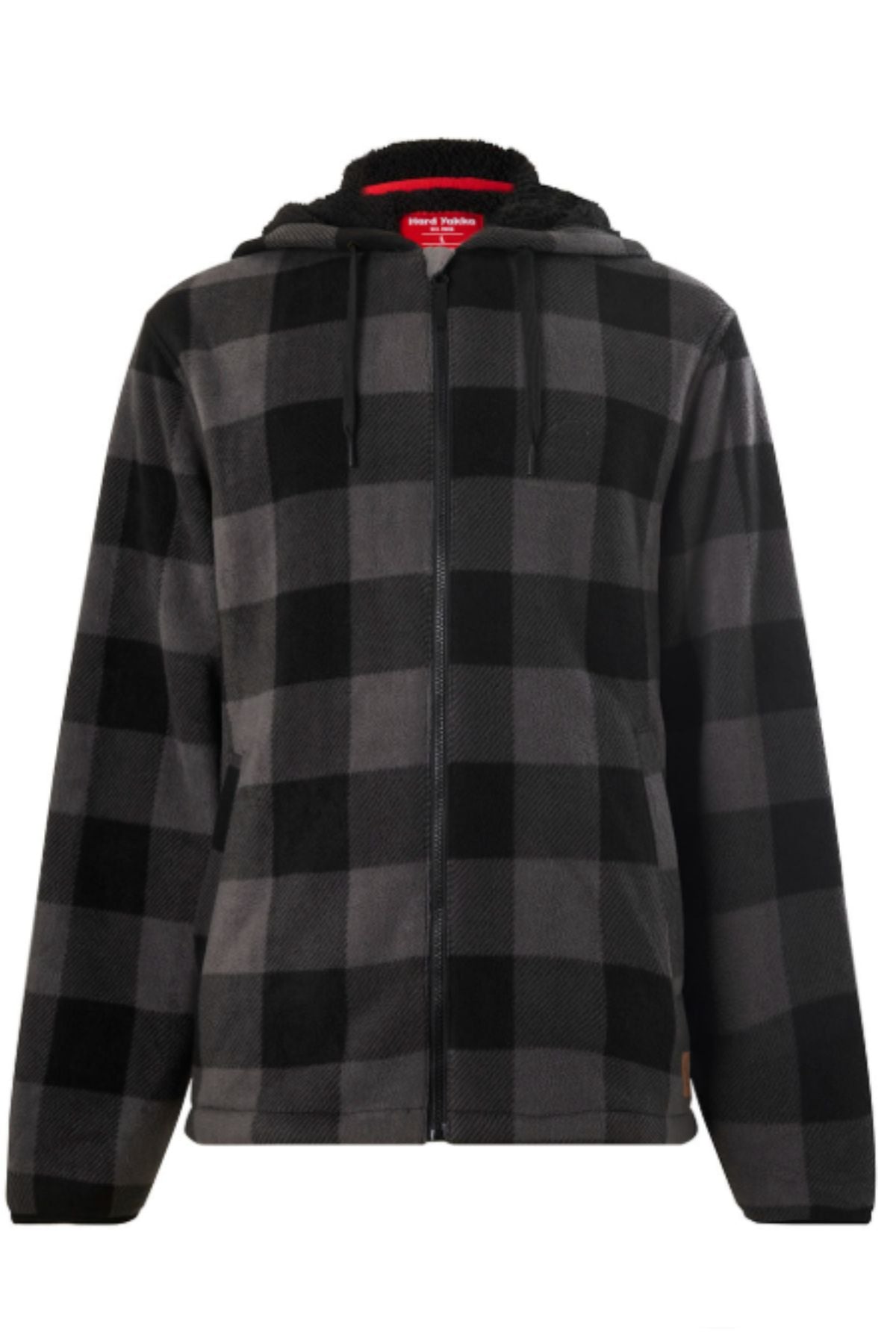 The Yakka Camper Jacket, featuring a black and dark gray check pattern with a zip-up front, hood, and drawstrings, is shown on a plain white background.