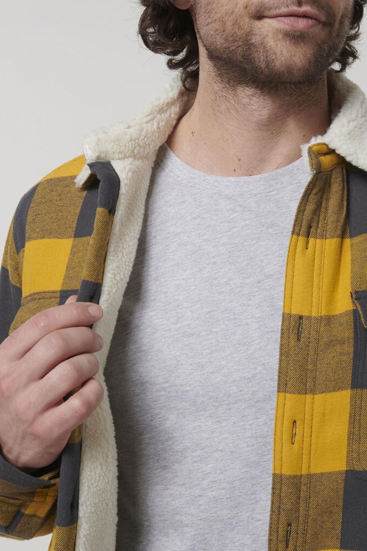 A man, visible from the nose down, holds open a Hard Yakka Heritage Trucker Sherpa Jacket featuring a yellow and gray plaid design and sherpa collar over a light gray t-shirt.