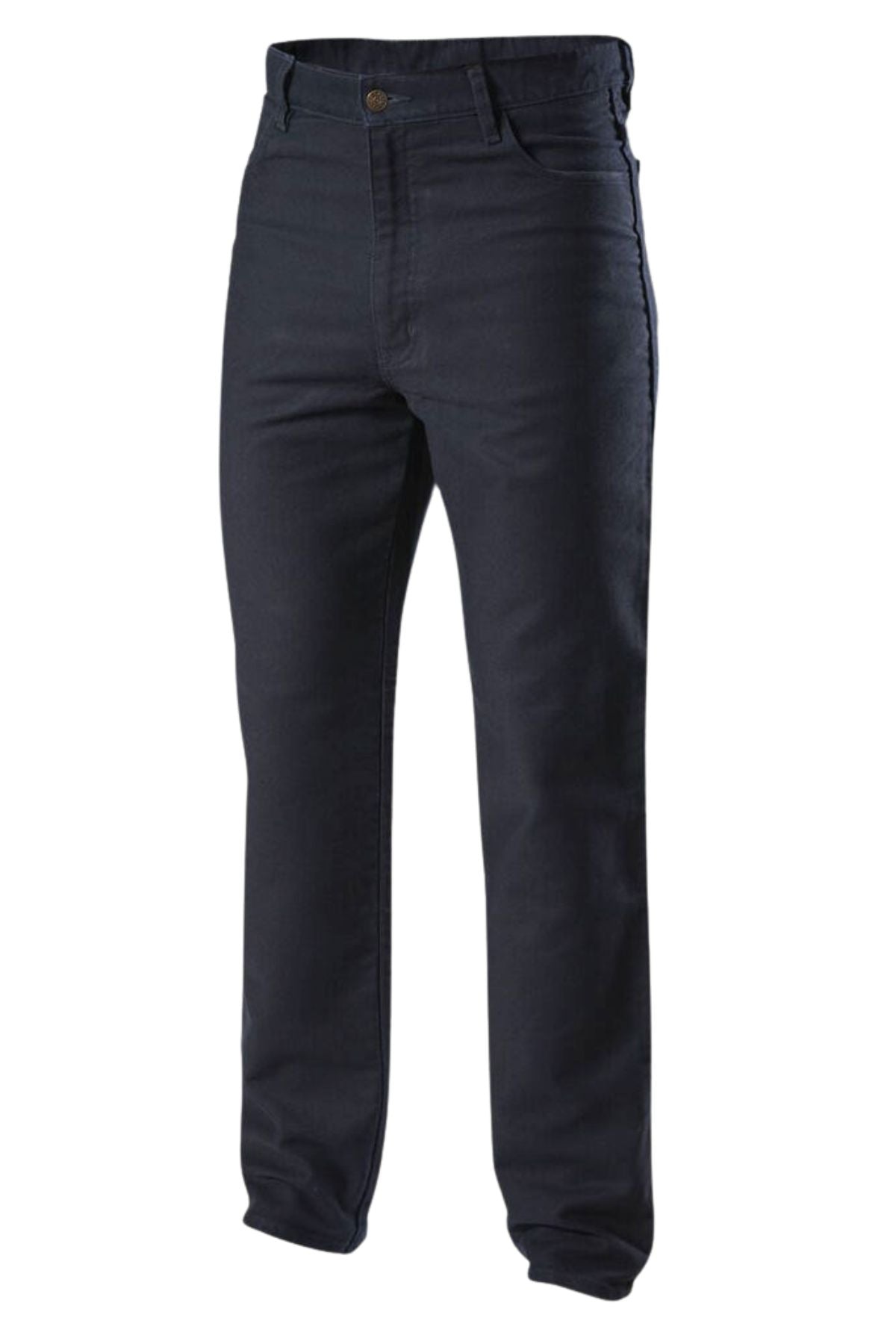 The Hard Yakka Moleskin Plain Front Heavy Duty Work Jean is a straight-leg, dark blue work pant with front and back pockets, button closure, and belt loops, designed for durability and shown against a white background.