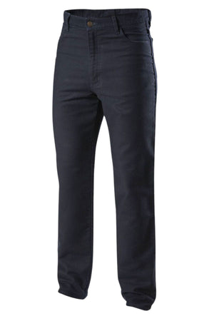 The Hard Yakka Moleskin Plain Front Heavy Duty Work Jean is a straight-leg, dark blue work pant with front and back pockets, button closure, and belt loops, designed for durability and shown against a white background.