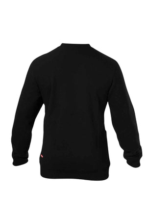 A plain black Hard Yakka Plain Fleece Crew long-sleeve sweatshirt shown from the back, featuring a small red tag near the bottom left hem. No kangaroo pouch pockets are visible in this view.
